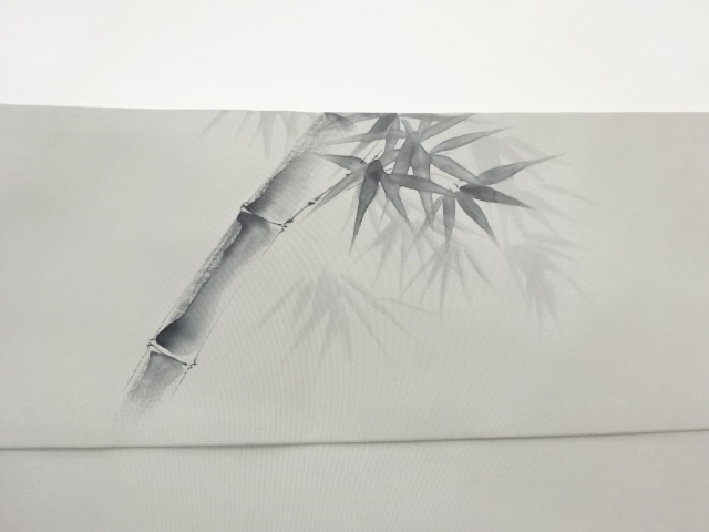  作家物　塩瀬手描き竹に鳥模様名古屋帯